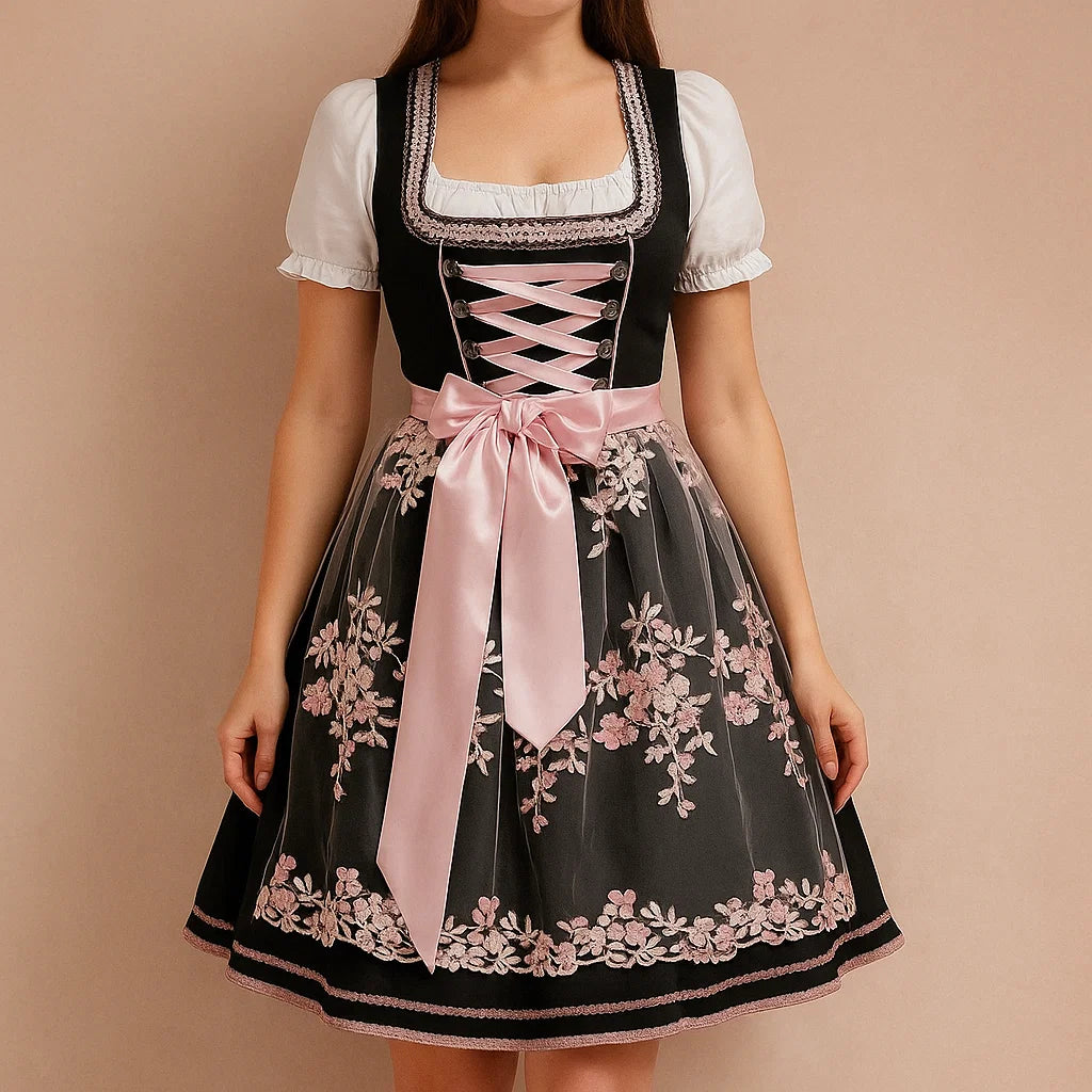 Damen Oktoberfest Dirndl Kleid | Kurz Blumenstickerei