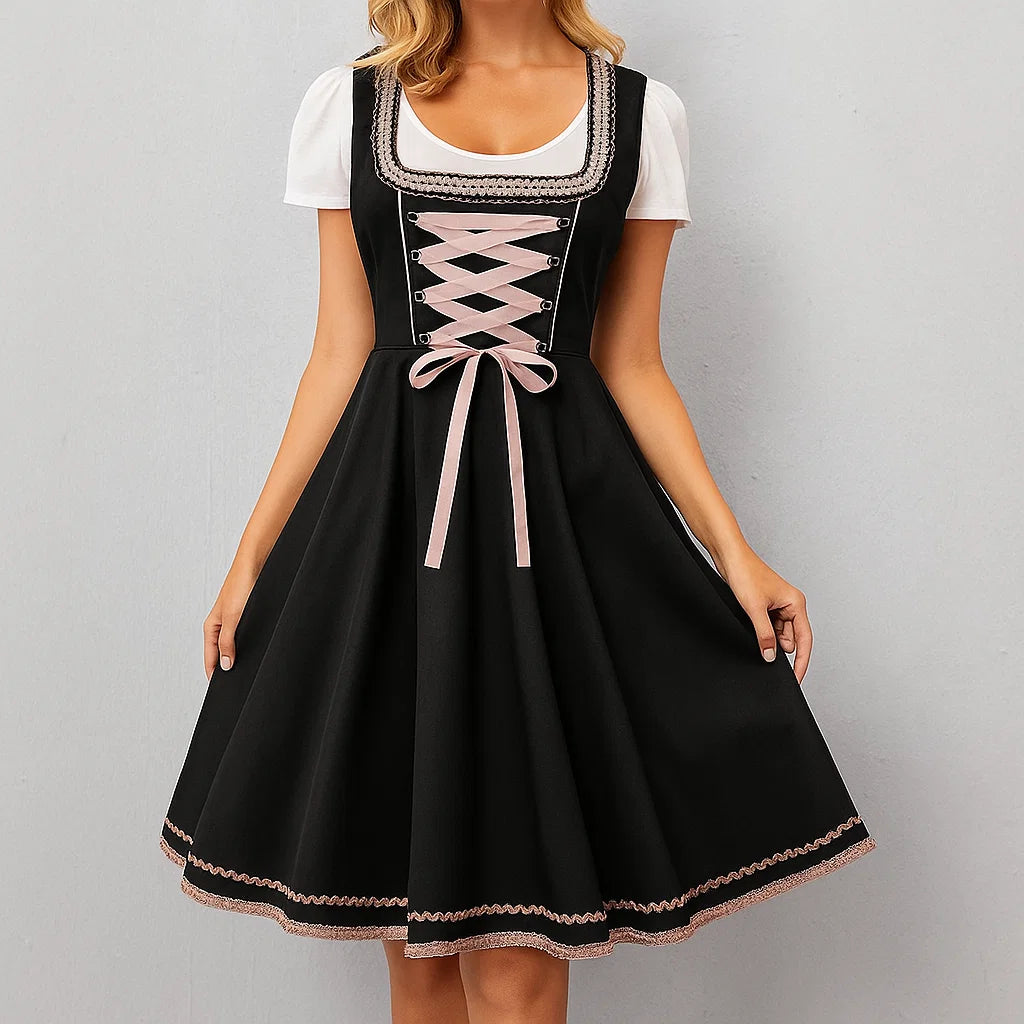 Damen Oktoberfest Dirndl Kleid | Kurz Blumenstickerei