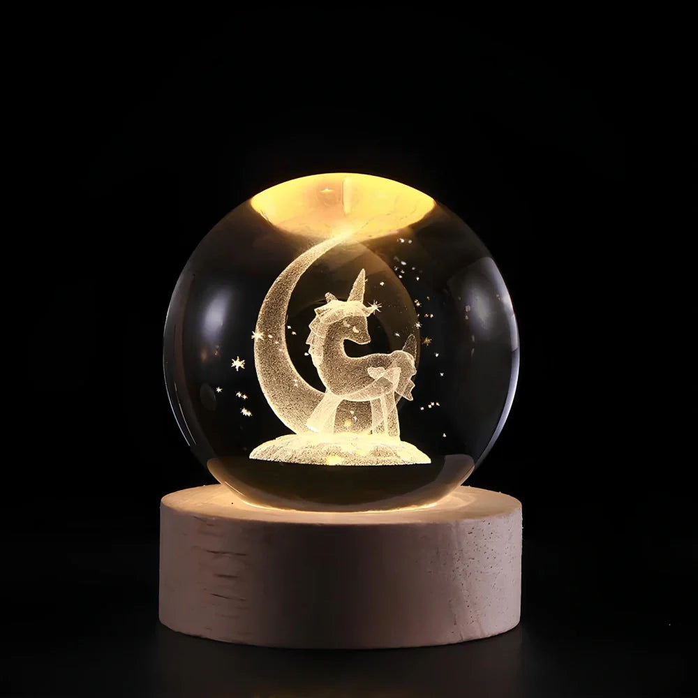 LED Nachtlicht Kristallkugel aus Glas Holzsockel