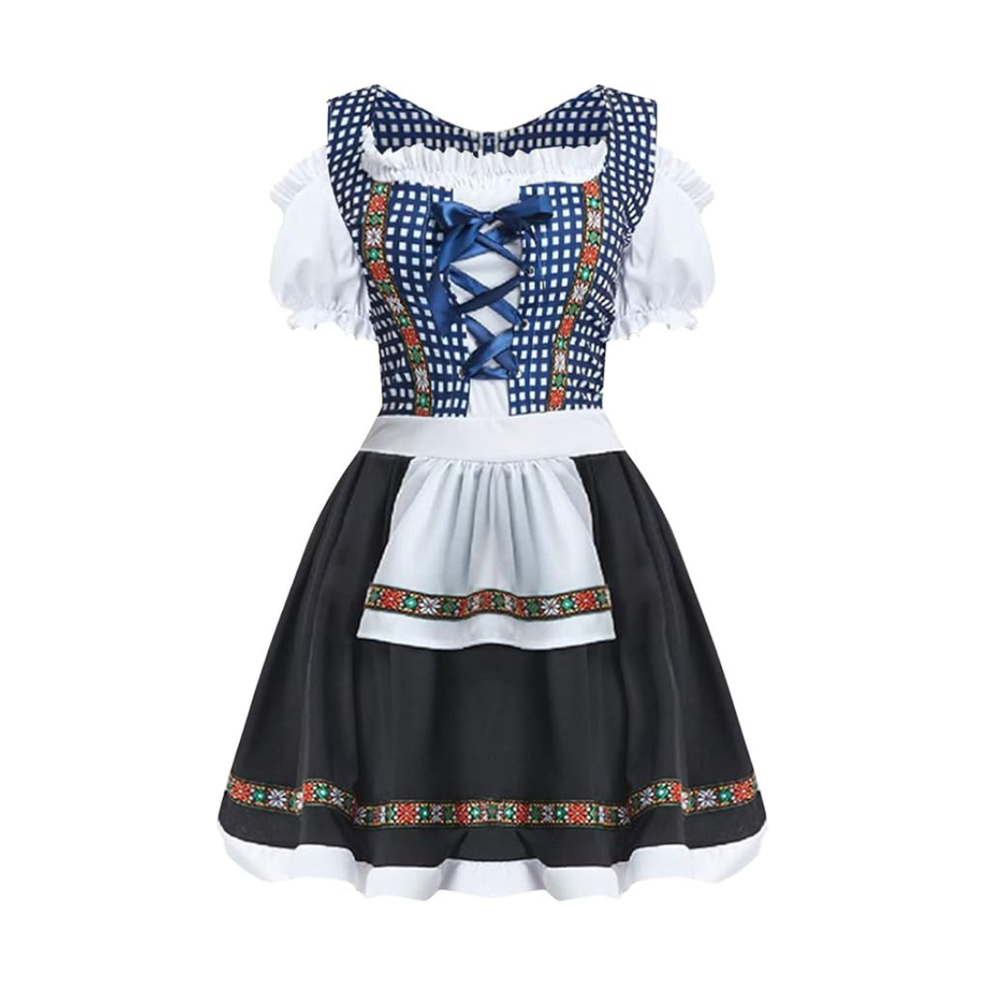 Damen Oktoberfest Dirndl Kleid mit Schürze | Kurz Schulterfrei Mini