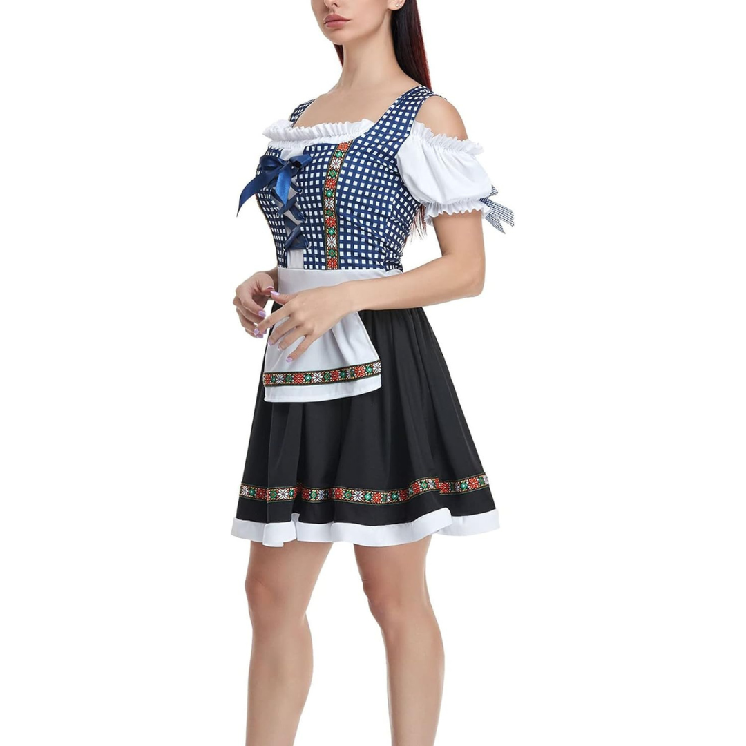 Damen Oktoberfest Dirndl Kleid mit Schürze | Kurz Schulterfrei Mini