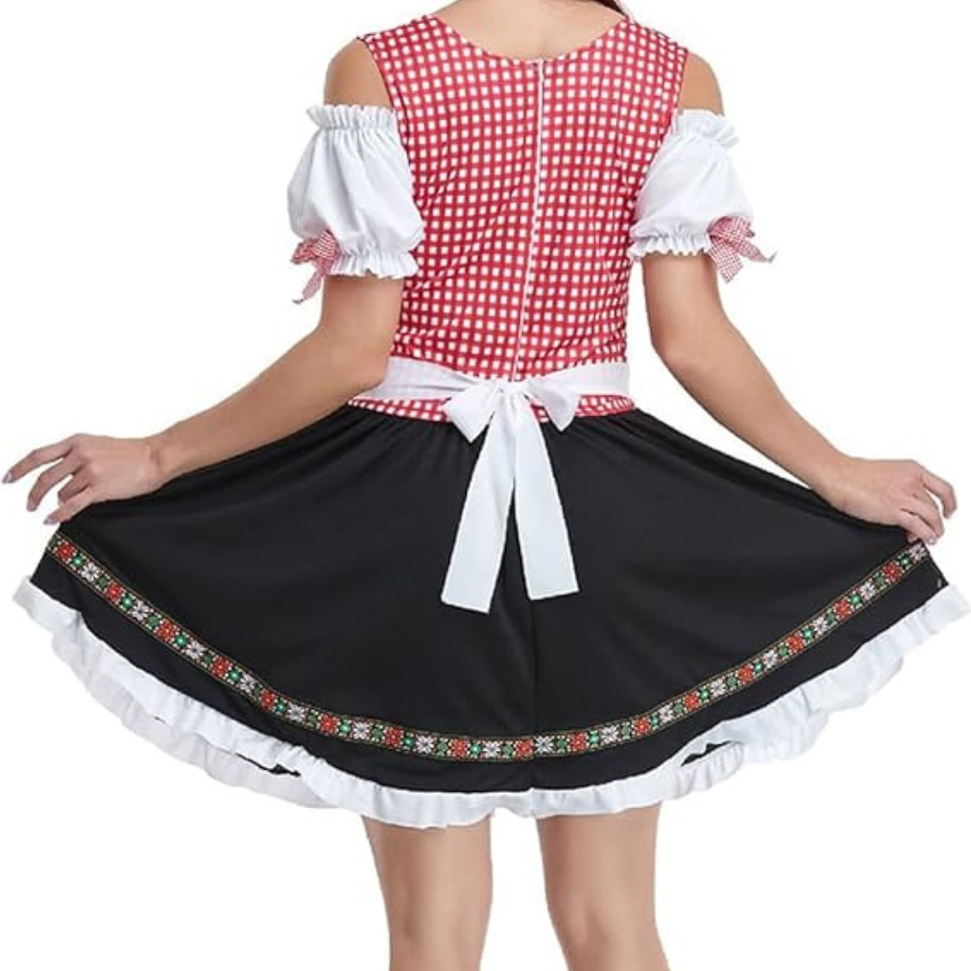 Damen Oktoberfest Dirndl Kleid mit Schürze | Kurz Schulterfrei Mini