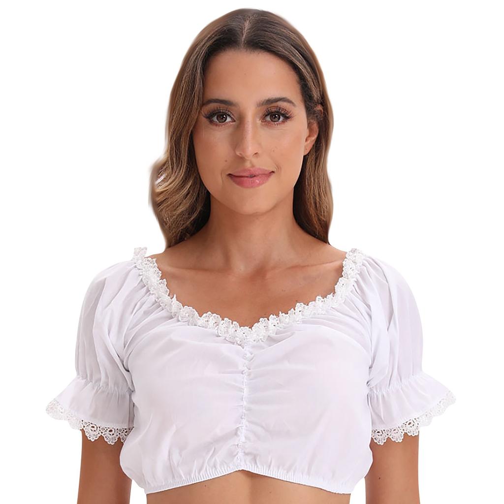 Damen Oktoberfest Dirndl Bluse | Hochgeschlossen, Kurzarm