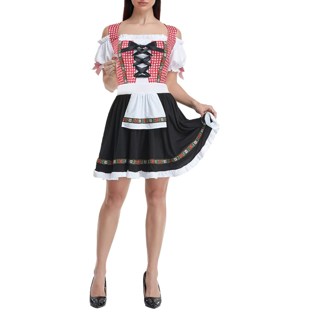 Damen Oktoberfest Dirndl Kleid mit Schürze | Kurz Schulterfrei Mini