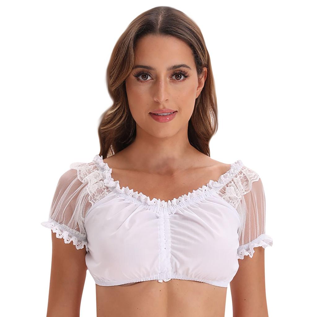Damen Oktoberfest Dirndl Bluse | Hochgeschlossen, Kurzarm