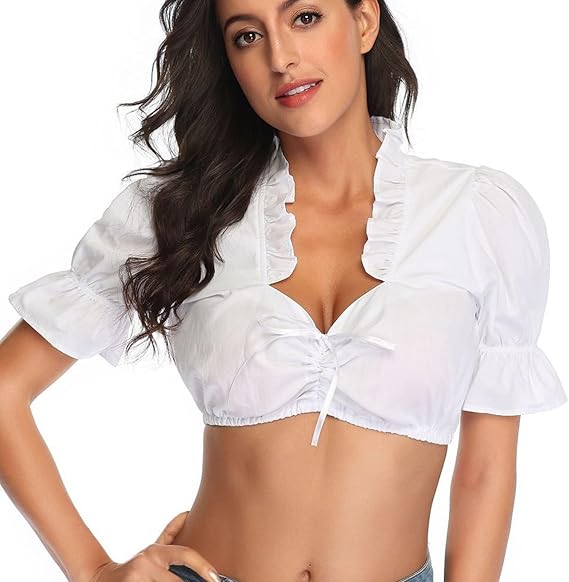 Damen Oktoberfest Dirndl Bluse | Kurz Rüschenkragen