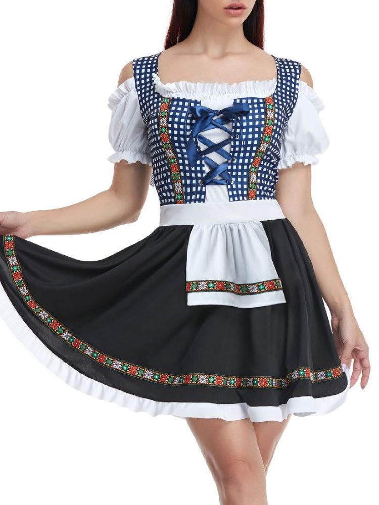 Damen Oktoberfest Dirndl Kleid mit Schürze | Kurz Schulterfrei Mini