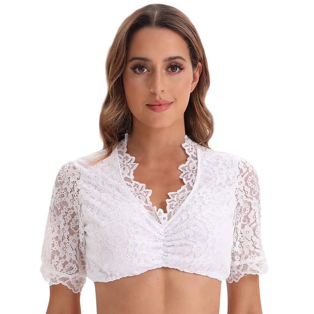 Damen Oktoberfest Dirndl Bluse | Hochgeschlossen, Kurzarm