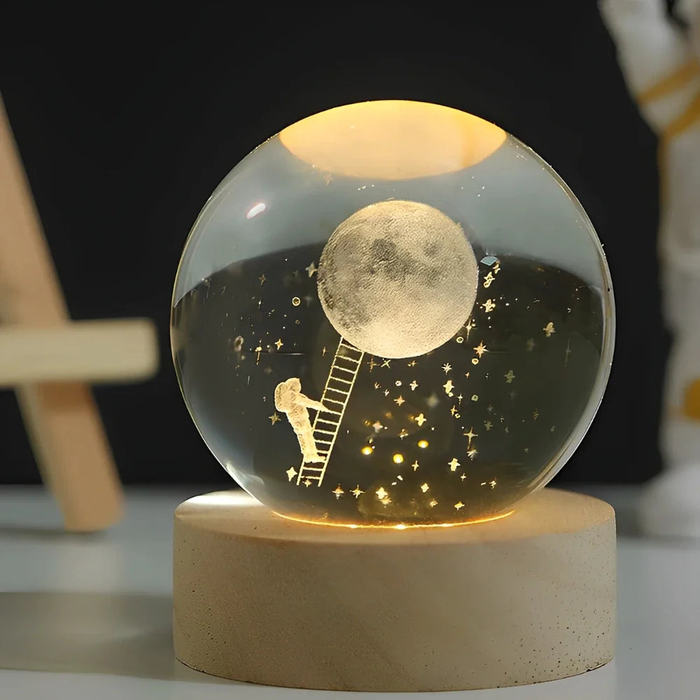 LED Nachtlicht Kristallkugel aus Glas Holzsockel