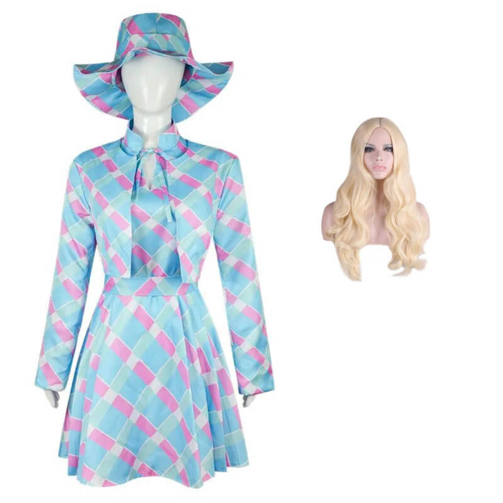 Kostüm Damen 60er Jahre Blau Kariert Kleid Cape Hut Retro Karneval