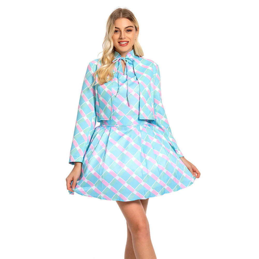 Kostüm Damen 60er Jahre Blau Kariert Kleid Cape Hut Retro Karneval