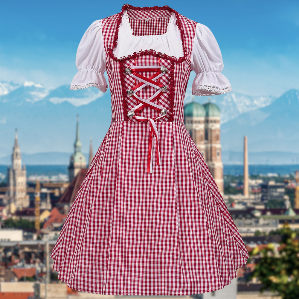 Damen Oktoberfest Rot Kariertes Dirndl Kleid | Mini