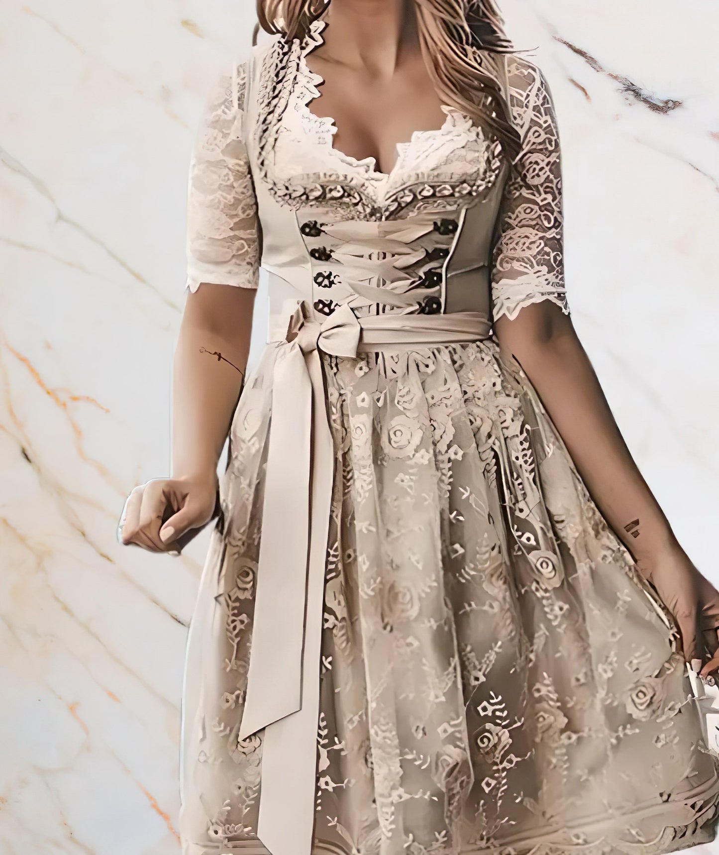 Damen Oktoberfest Spitzen Dirndl Kleid | Langarm, Midi