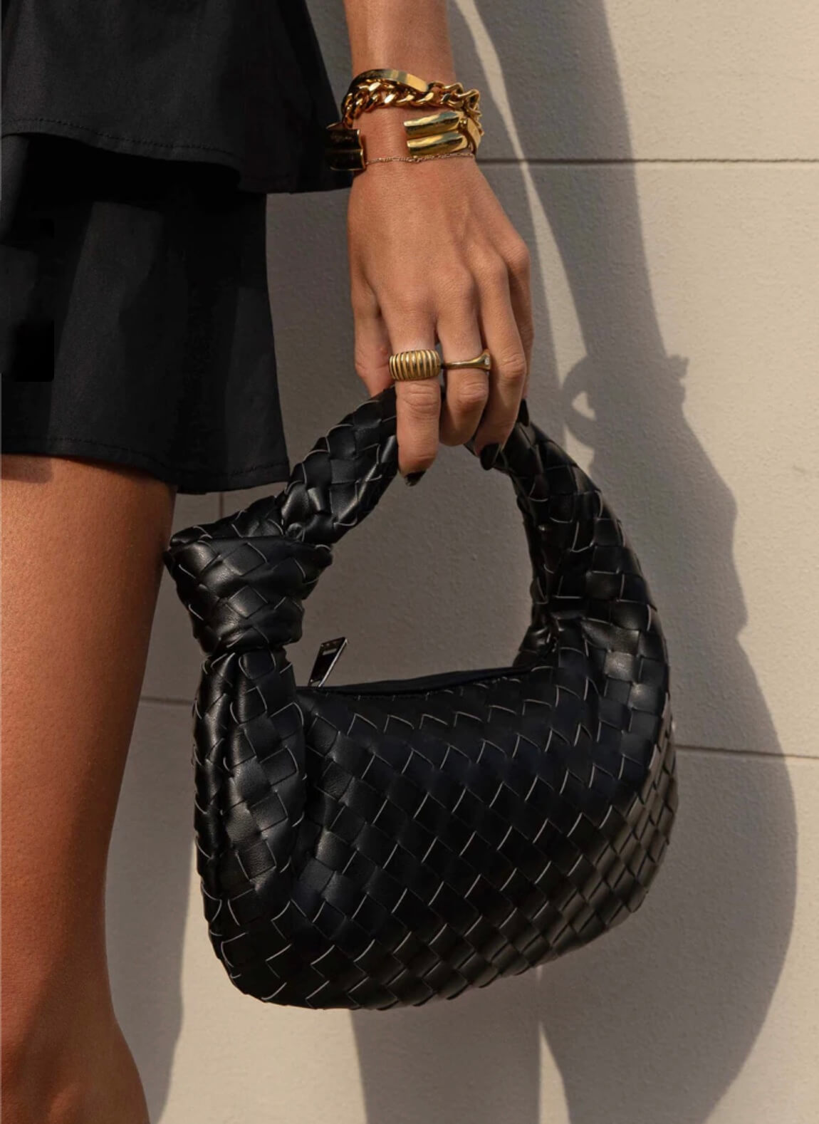 Handtasche Damen Geflochten Veganleder Schwarz