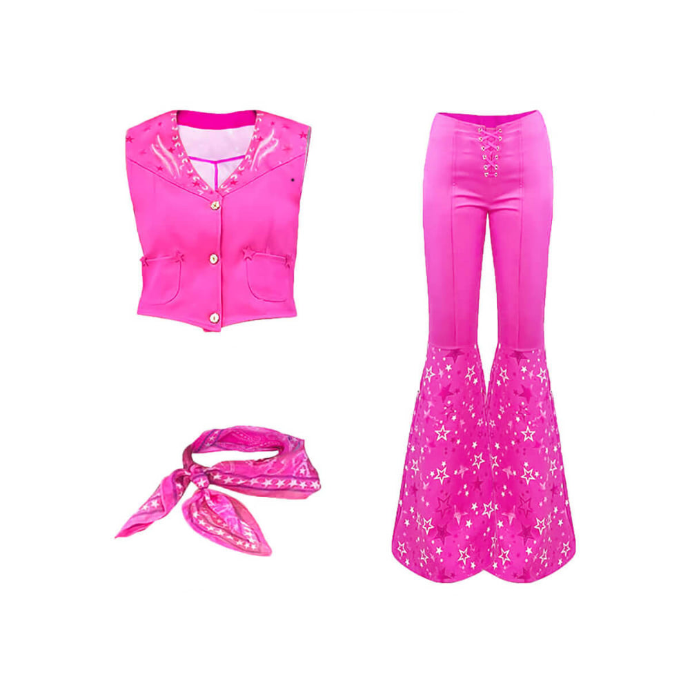 Retro Pink Cowgirl Kostüm Damen 70er Jahre Disco Outfit mit Schlaghose