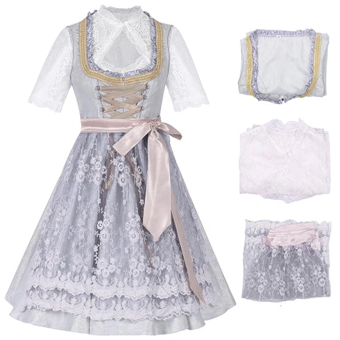 Damen Oktoberfest Hochgeschlossene Dirndl Kleid | Langarm, Midi