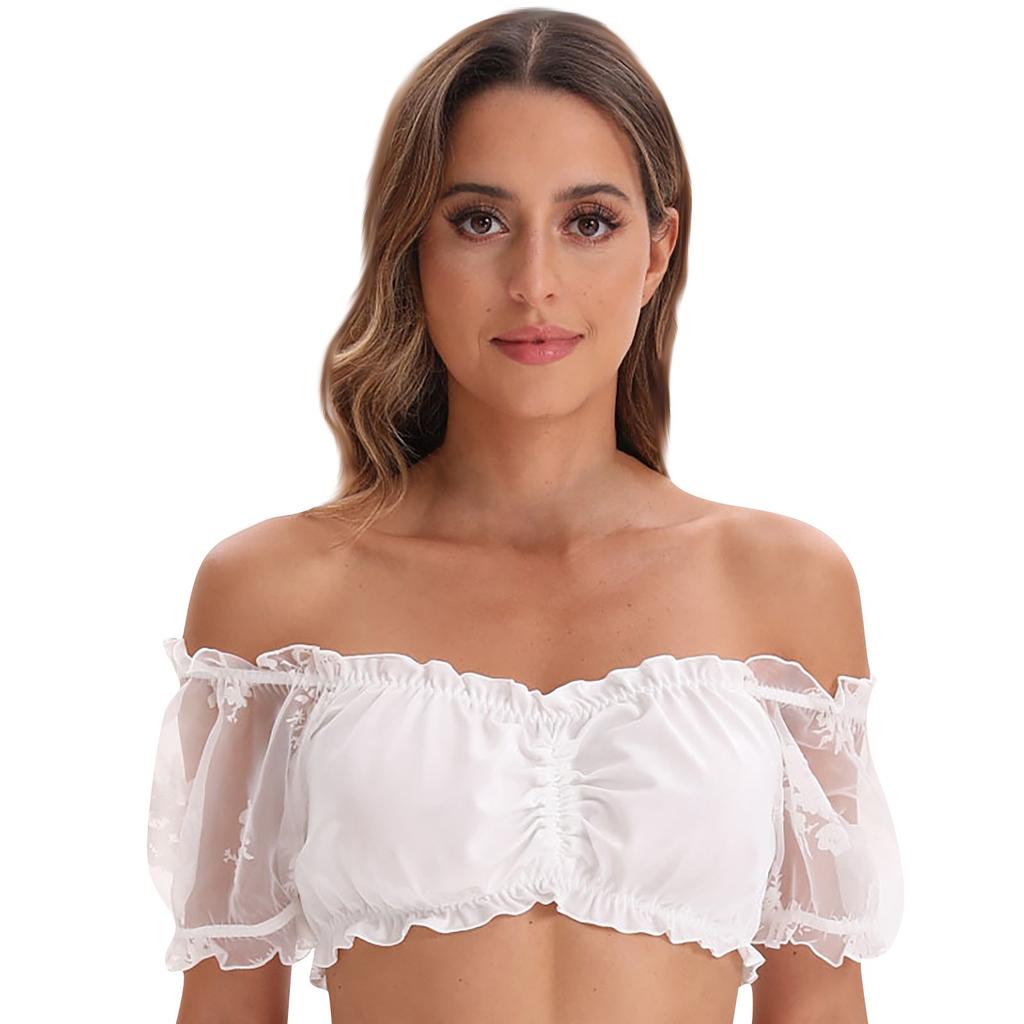Damen Oktoberfest Dirndl Bluse | Hochgeschlossen, Kurzarm