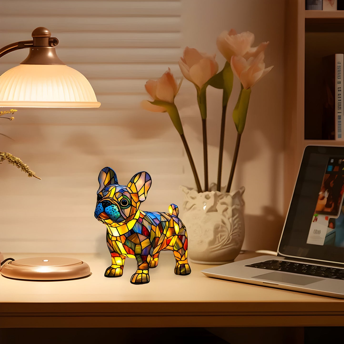 Tiffany Glas Hund Tischlampe Warmes Licht