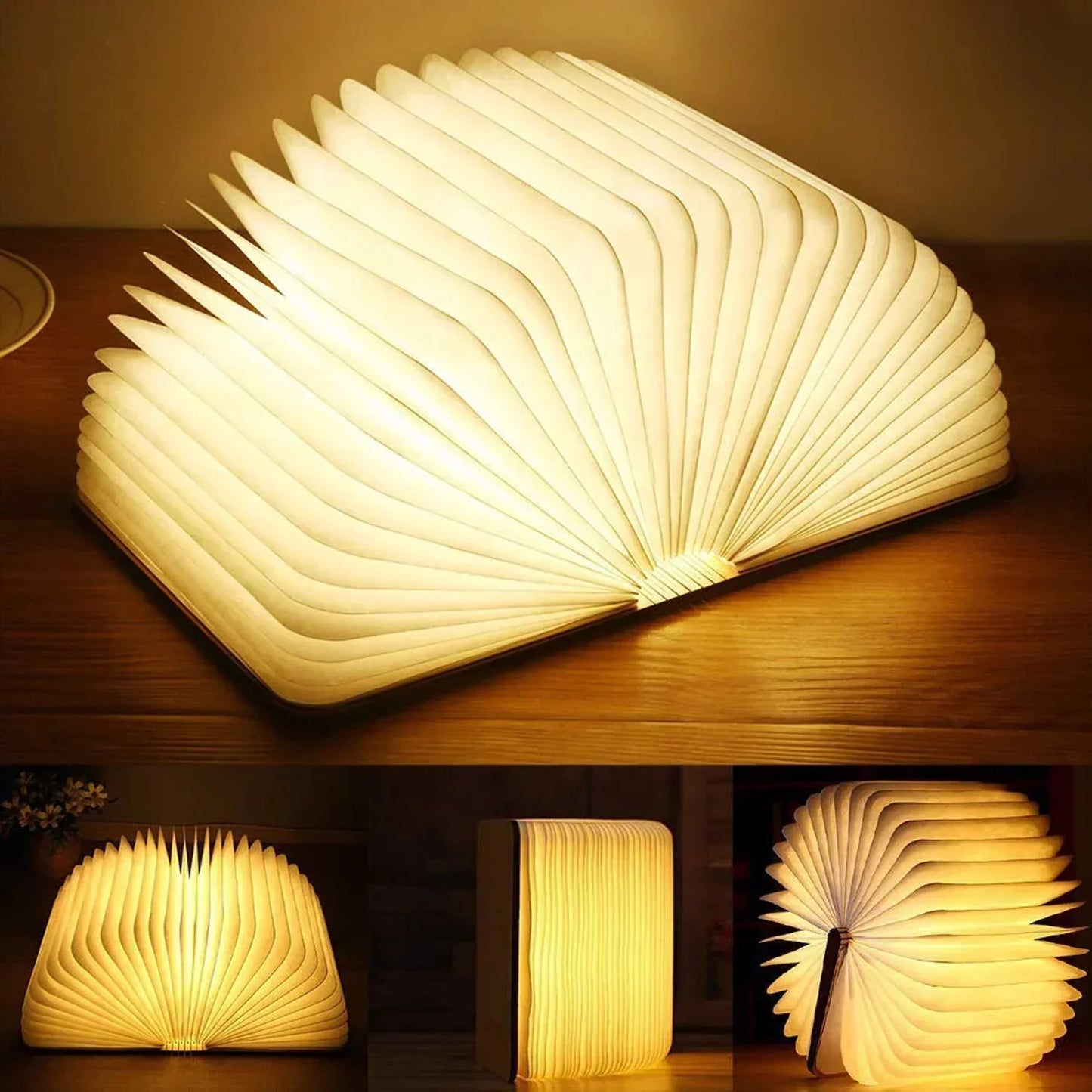 LED Tischlampe Holz Faltbares Buch Licht
