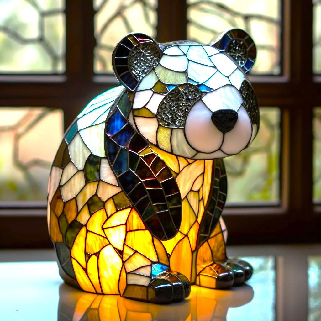 Buntes Tiffany-Panda-Nachtlicht aus Glas, dekorative Tischlampe, Tiermotiv, Wohnzimmerbeleuchtung.