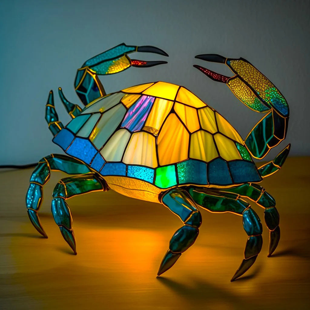 Bunte Tiffany-Krabbenlampe aus Glas, leuchtend, dekorativ, Tischlampe, maritimes Design.