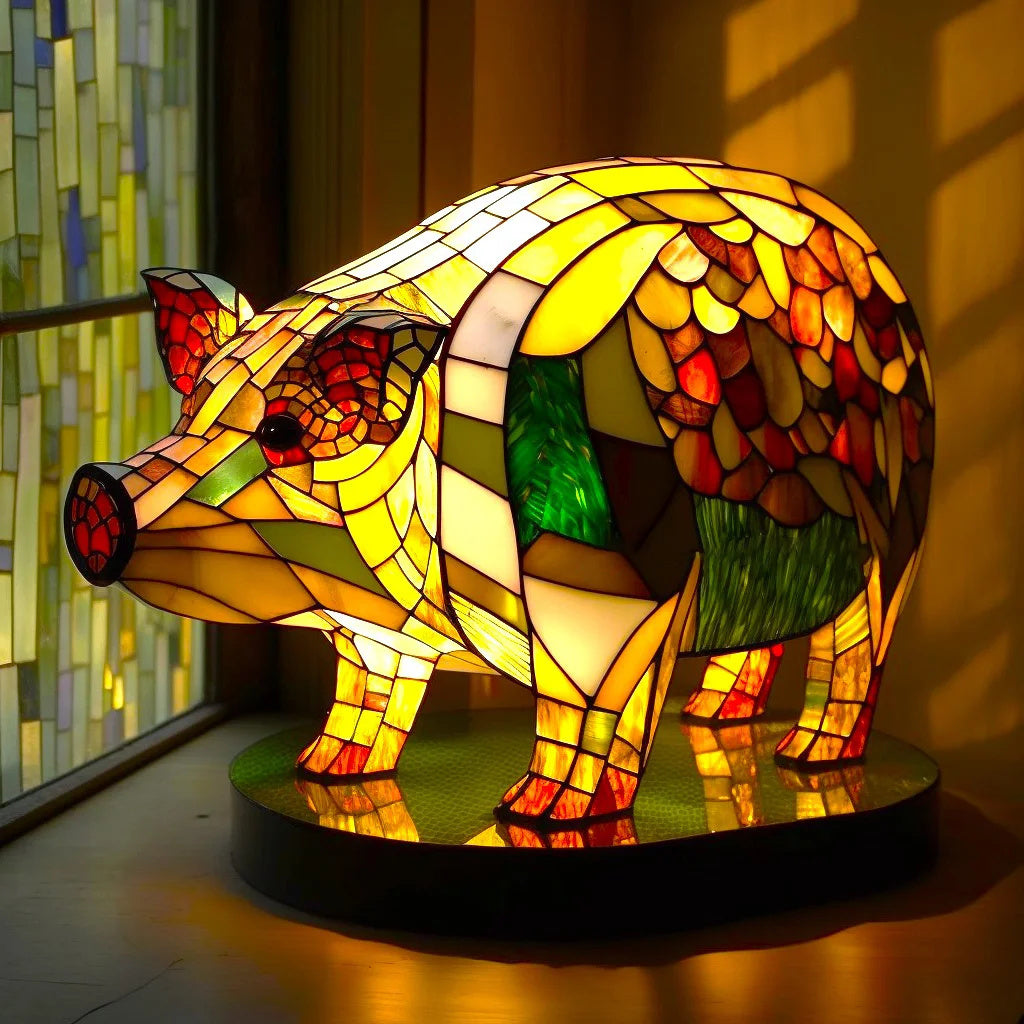 Buntes Tiffany-Glas Schwein Lampe, dekorative Tischleuchte, handgefertigt, warmes Licht.