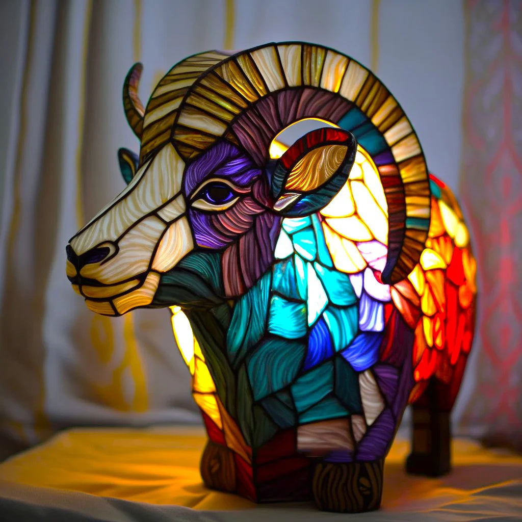 Bunte Tiffany-Lampe in Widderform, Glasmalerei, dekorative Beleuchtung, Wohnzimmer-Dekor.