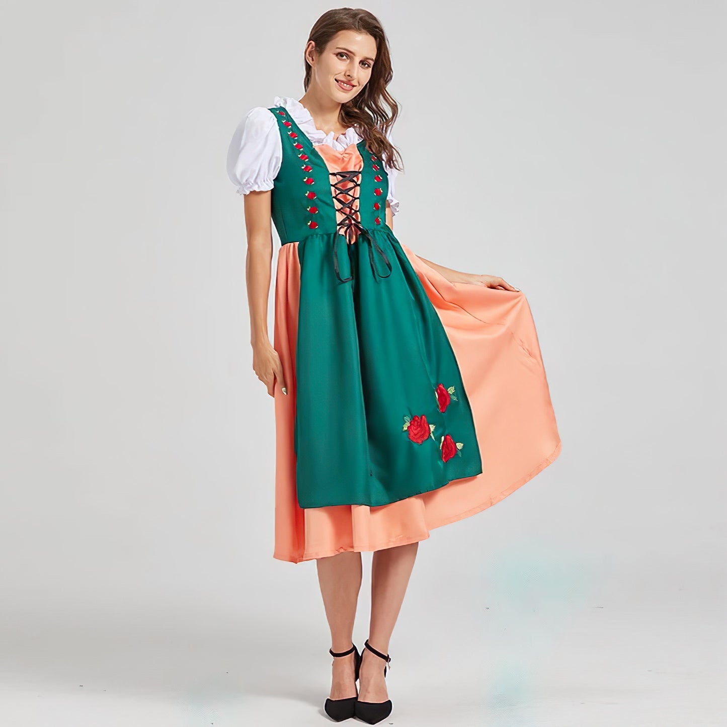 Damen Oktoberfest Dirndl Kleid 2025 | Hochgeschlossen Rotstickerei | Midi