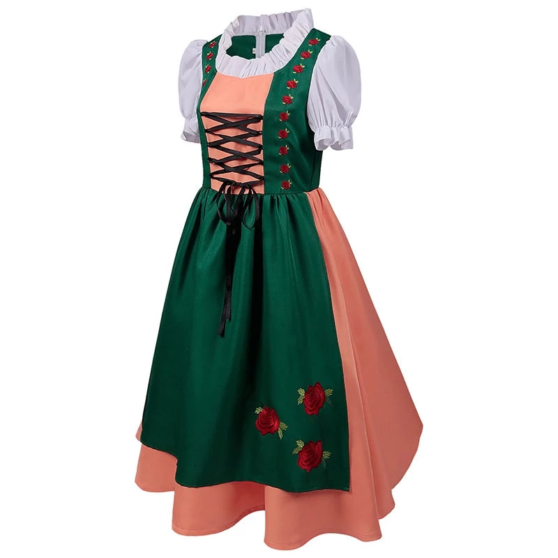 Damen Oktoberfest Dirndl Kleid 2025 | Hochgeschlossen Rotstickerei | Midi