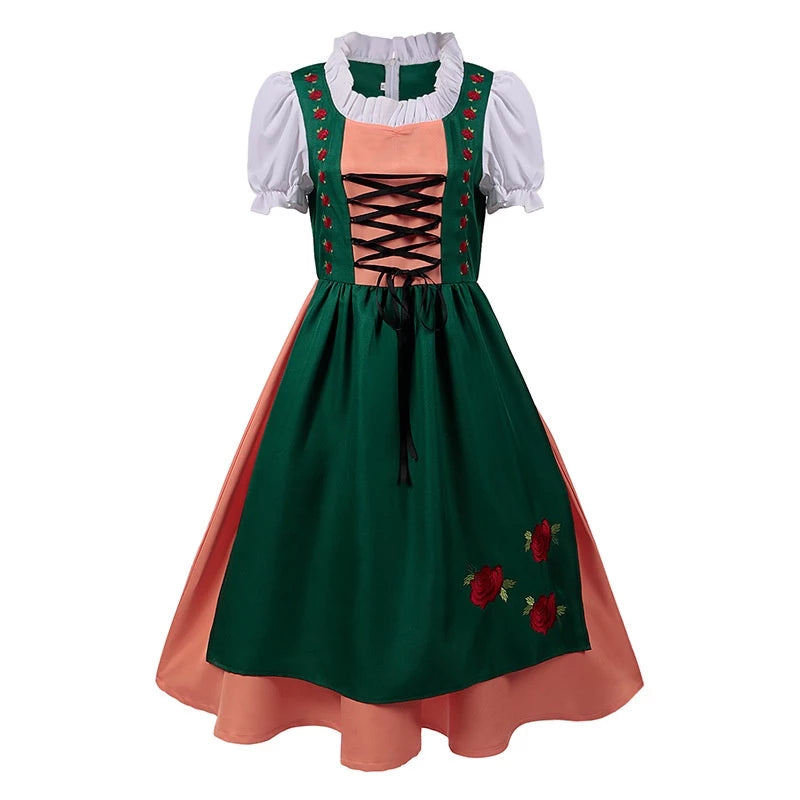 Damen Oktoberfest Dirndl Kleid 2025 | Hochgeschlossen Rotstickerei | Midi