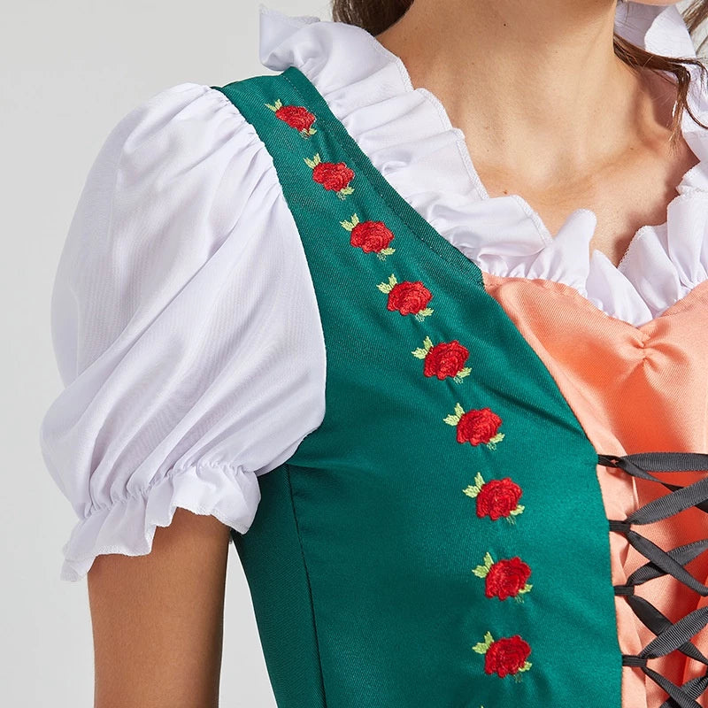 Damen Oktoberfest Dirndl Kleid 2025 | Hochgeschlossen Rotstickerei | Midi