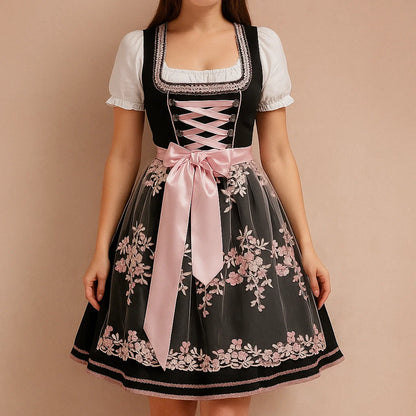 Damen Oktoberfest Dirndl Kleid | Kurz Blumenstickerei