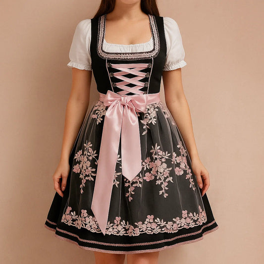 Damen Oktoberfest Dirndl Kleid | Kurz Blumenstickerei