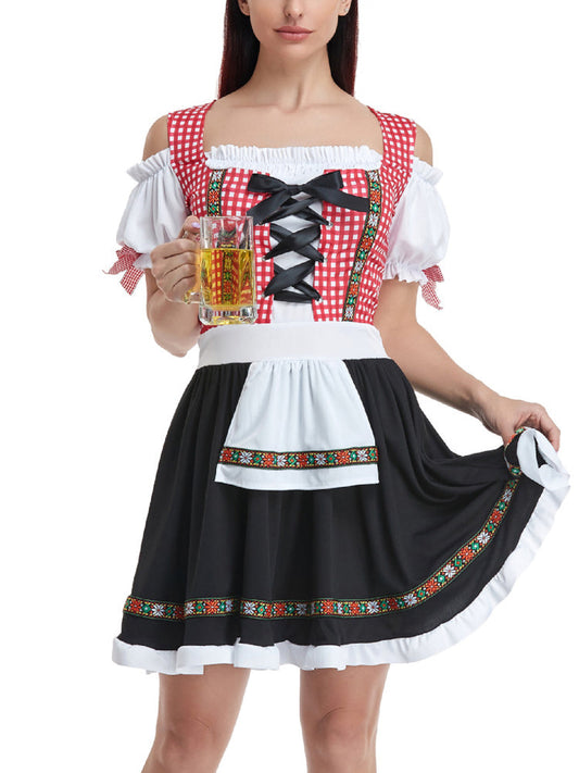 Damen Oktoberfest Dirndl Kleid mit Schürze | Kurz Schulterfrei Mini