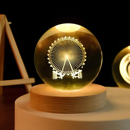 LED Nachtlicht Kristallkugel aus Glas Holzsockel