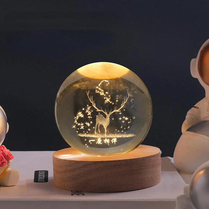 LED Nachtlicht Kristallkugel aus Glas Holzsockel