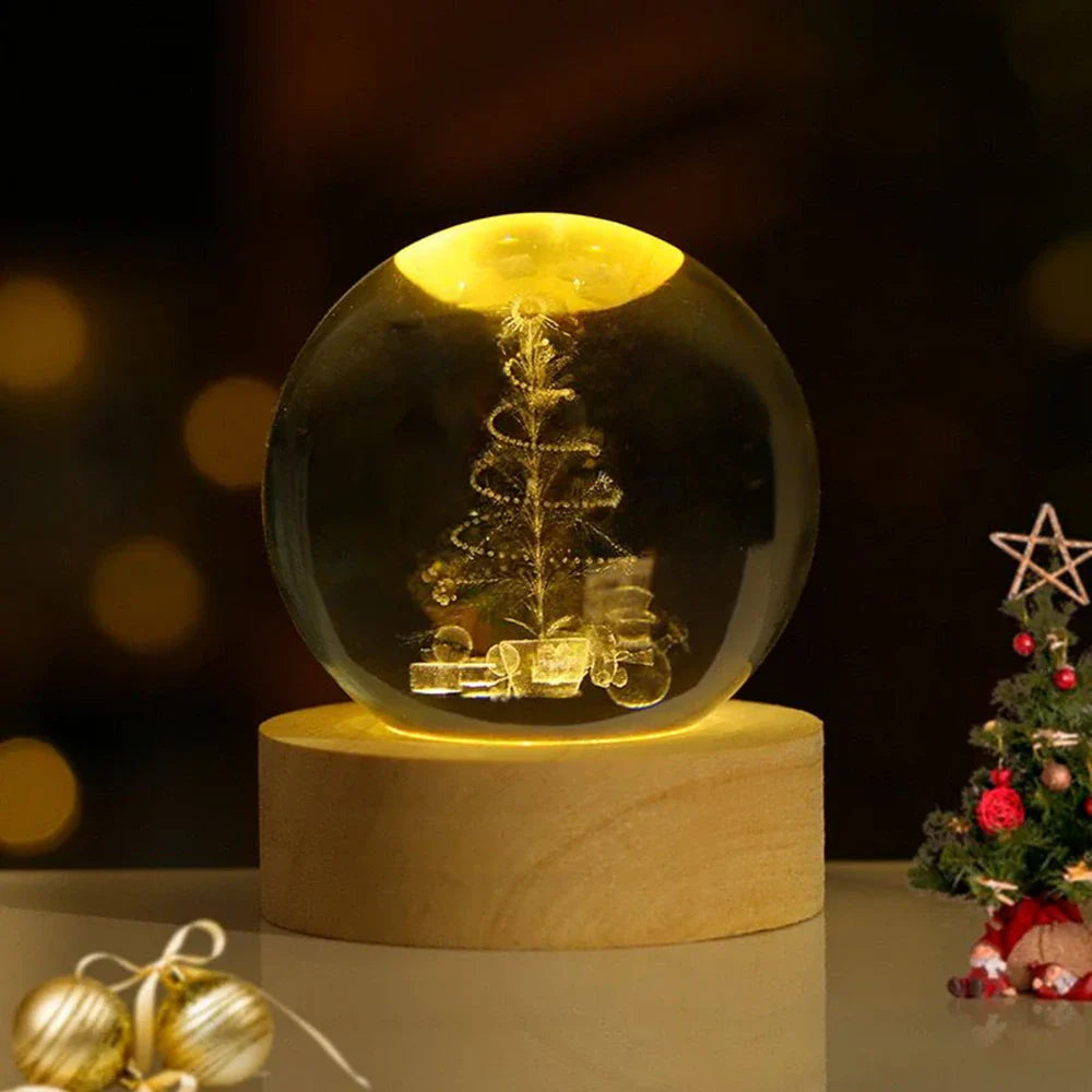 LED Nachtlicht Kristallkugel aus Glas Holzsockel