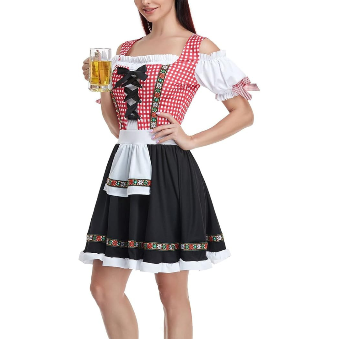 Damen Oktoberfest Dirndl Kleid mit Schürze | Kurz Schulterfrei Mini