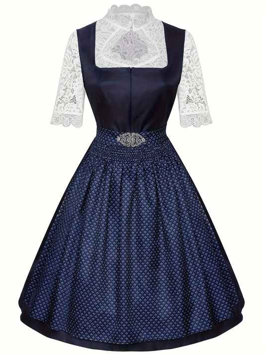Damen Oktoberfest Hochgeschlossenes Dirndl Kleid | Midi