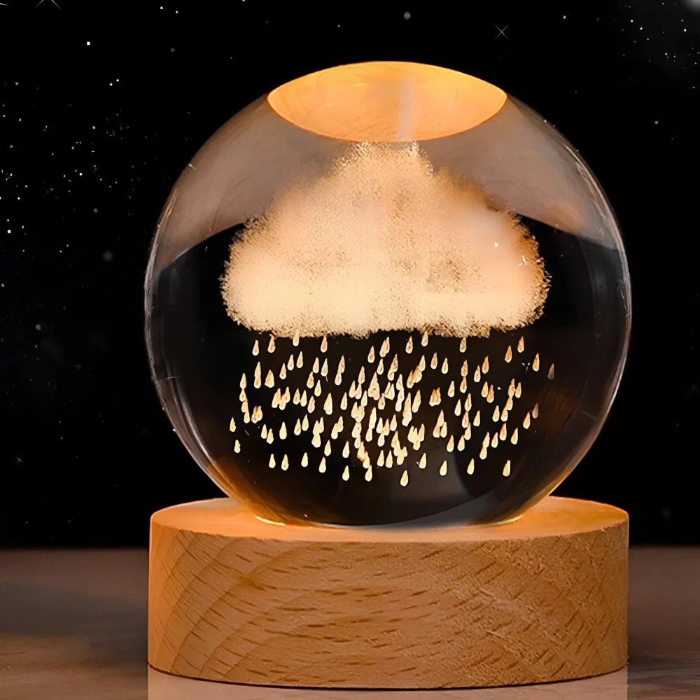 LED Nachtlicht Kristallkugel aus Glas Holzsockel