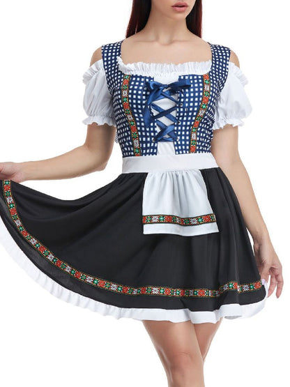 Damen Oktoberfest Dirndl Kleid mit Schürze | Kurz Schulterfrei Mini