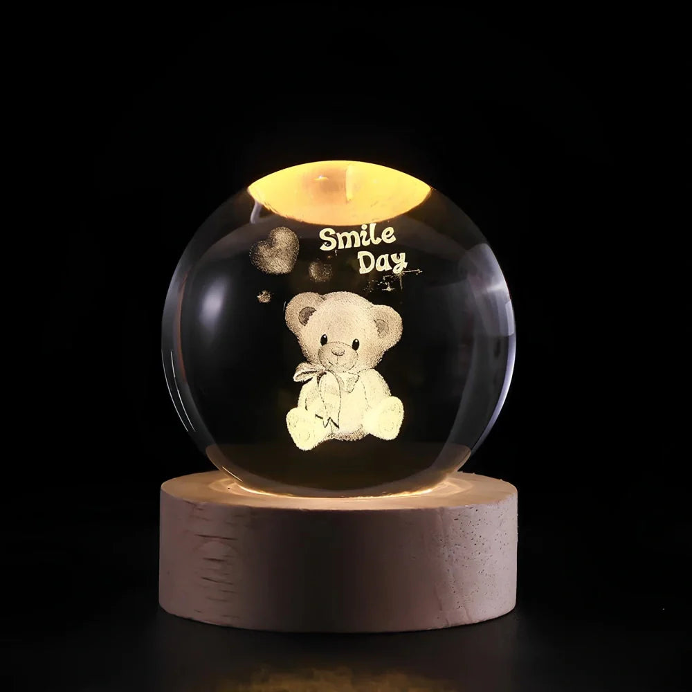 LED Nachtlicht Kristallkugel aus Glas Holzsockel