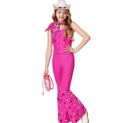 Retro Pink Cowgirl Kostüm Damen 70er Jahre Disco Outfit mit Schlaghose