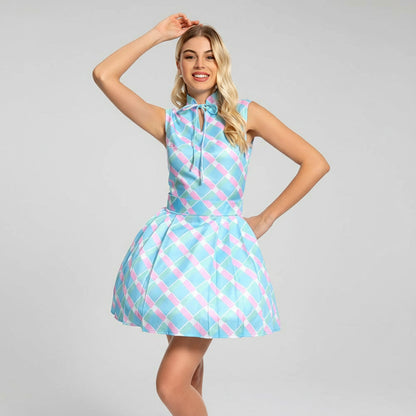 Kostüm Damen 60er Jahre Blau Kariert Kleid Cape Hut Retro Karneval