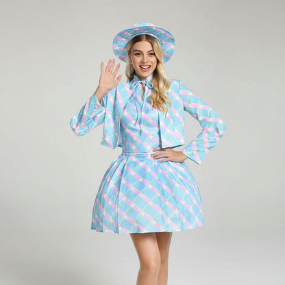 Kostüm Damen 60er Jahre Blau Kariert Kleid Cape Hut Retro Karneval