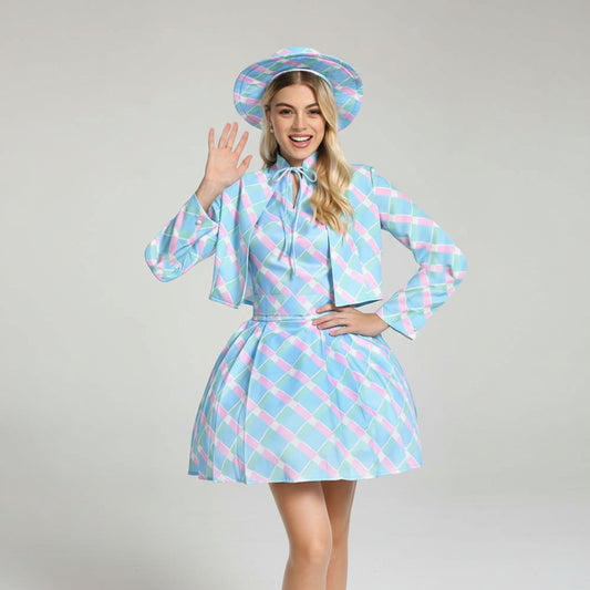 Kostüm Damen 60er Jahre Blau Kariert Kleid Cape Hut Retro Karneval