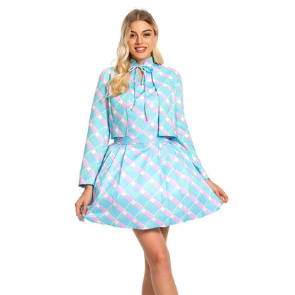 Kostüm Damen 60er Jahre Blau Kariert Kleid Cape Hut Retro Karneval