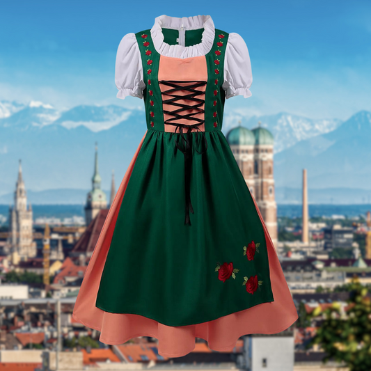 Damen Oktoberfest Dirndl Kleid 2025 | Hochgeschlossen Rotstickerei | Midi