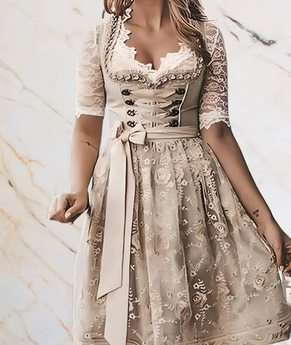 Damen Oktoberfest Spitzen Dirndl Kleid | Langarm, Midi