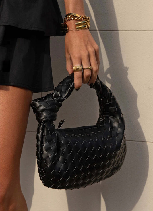 Handtasche Damen Geflochten Veganleder Schwarz